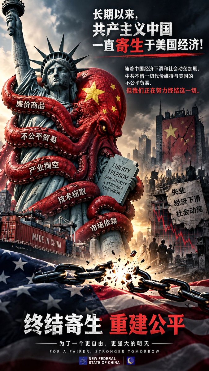 maryann_3040's tweet photo. NFSC聯盟譯統任務4️⃣4️⃣3️⃣7️⃣
澳喜🇦🇺

长期以来，共产主义中国一直寄生于美国经济！

随着中国经济下滑和社会动荡加剧，中共不惜一切代价维持与美国的不公平贸易，但我们正在努力终结这一切。 https://t.co/KjNY2YgrUG