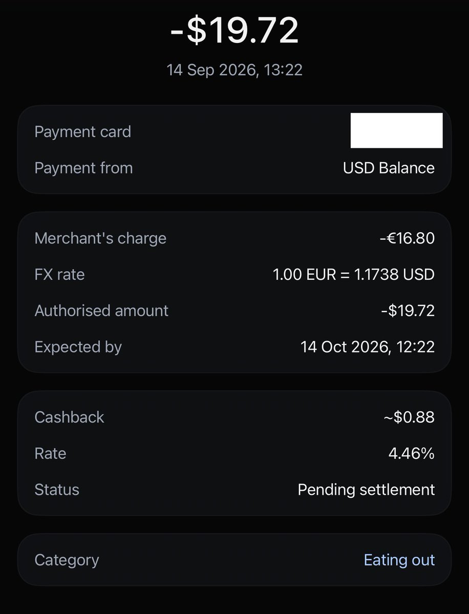 ConorRyder's tweet photo. Side by side @EthenaPay and @Plasma for the same €16.80 transaction:

Ethena Pay: $19.72 charge, $0.88 cashback = net cost $18.84

Plasma: $19.90 charge, $0.39 cashback = net cost $19.51 https://t.co/OcQiGVvriG