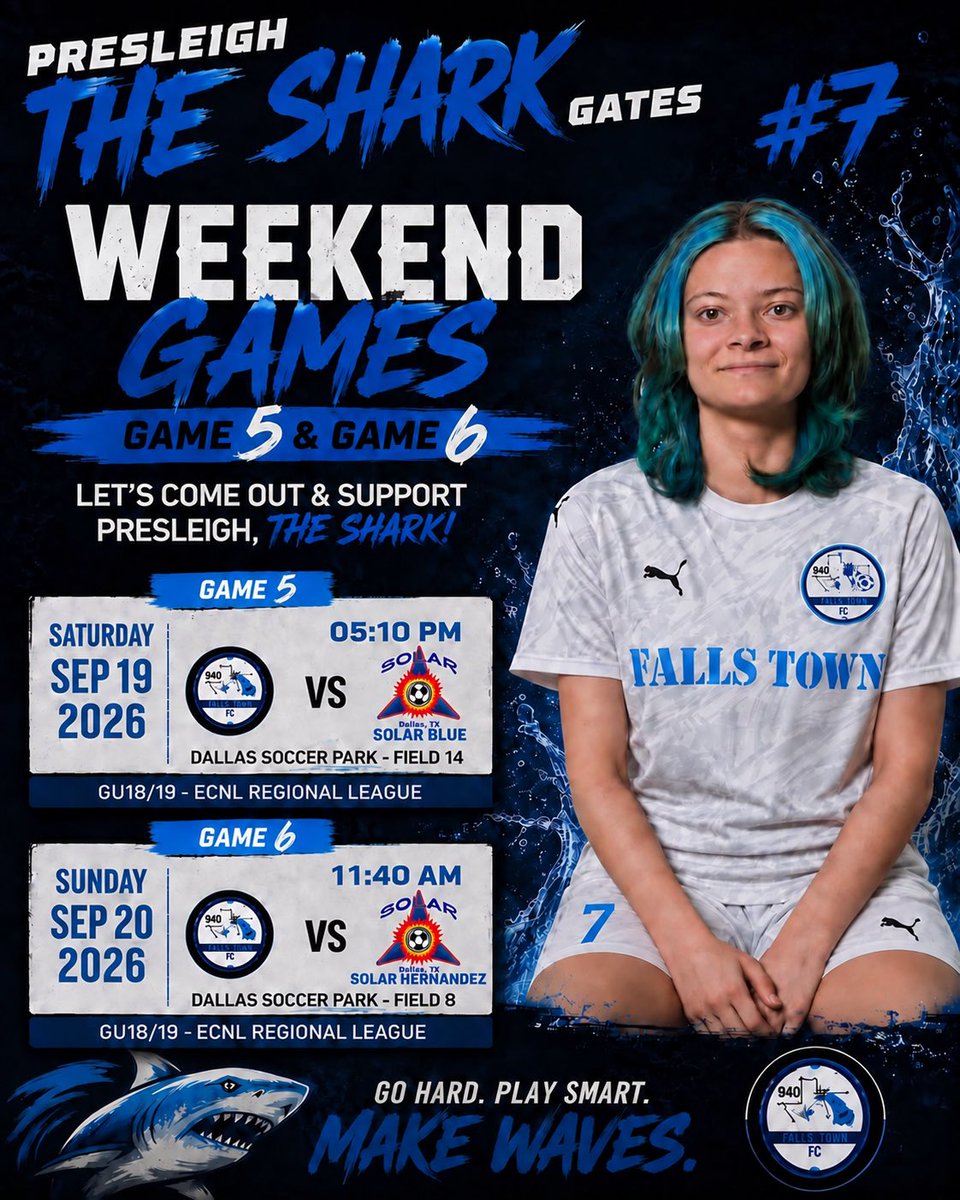PresleighGates's tweet photo. 🦈 WEEKEND GAMES! 🦈

Presleigh “The Shark” Gates and Falls Town FC are headed to Dallas for Games 5 and 6 of ECNL Regional League play! ⚽️💙

The team currently holds a record of:

⚽️ 1 Win
⚽️ 2 Losses
⚽️ 1 Draw
🏆 Sitting in 6th place in league play!

Come out and support https://t.co/eT2YPsRV3i