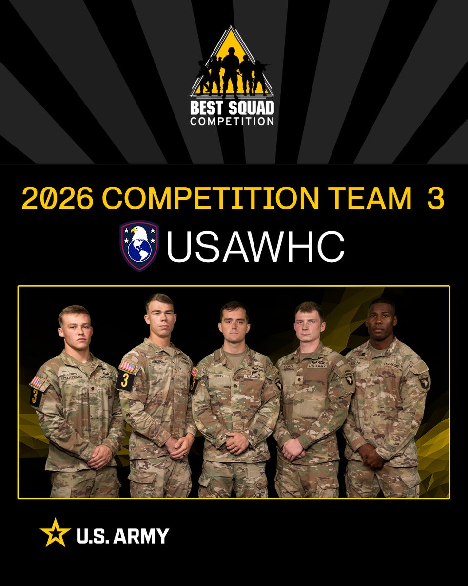 Five young male soldiers in US Army camouflage uniforms stand at attention. Text reads: \"BEST SQUAD COMPETITION\", \"2026 COMPETITION TEAM 3 USAWHC\", and \"U.S. ARMY\". Dark background with a yellow sunburst pattern.