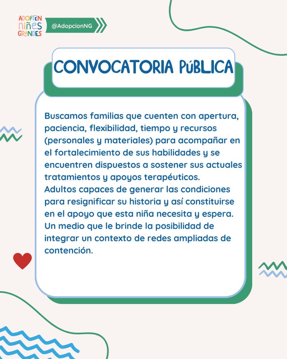 AdopcionNG's tweet photo. Buscamos personas solteras, matrimonios o parejas en unión convivencial, sin hijos ni personas a cargo, que puedan asumir el cuidado exclusivo de una niña de 12 años.

Necesita una familia con apertura, paciencia y disponibilidad para acompañar sus tratamientos, respetar su https://t.co/FbecygBeWe