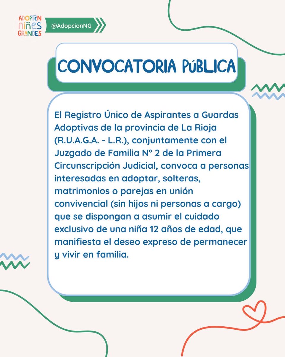AdopcionNG's tweet photo. Buscamos personas solteras, matrimonios o parejas en unión convivencial, sin hijos ni personas a cargo, que puedan asumir el cuidado exclusivo de una niña de 12 años.

Necesita una familia con apertura, paciencia y disponibilidad para acompañar sus tratamientos, respetar su https://t.co/FbecygBeWe