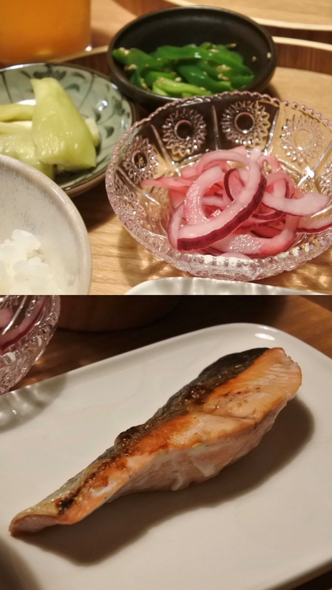 1304ef's tweet photo. 2026.09.14  今日の夜ごはん
夜も秋鮭を食べました。夫が今日の副菜カラフルで可愛いねと褒めてくれた☺️🫑 https://t.co/md0mTsUF0q