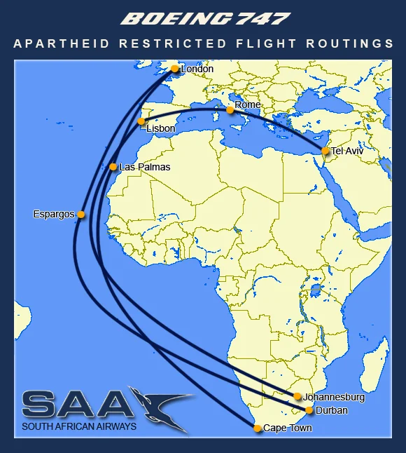 Valen10Francois's tweet photo. With transcontinental flights having to wiggle their way between Iran and Russia, throwback to when flights to South Africa had to fly around Africa because of Apartheid boycotts https://t.co/5G4FFIIT3F