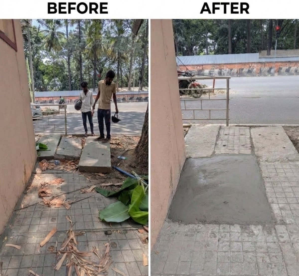 siddharth_iitm's tweet photo. The footpath near my society at Koramangala has been broken since years! 

I complained to BBMP, sent email to GBA, raised ticket and chatted with their WA helpline but got no response.

Finally, decided to fix it myself. 

It costed me Rs. 2700 including labor charges and the cement to build a ramp.

Parents with stroller and senior citizens on wheelchair can use it conveniently now.