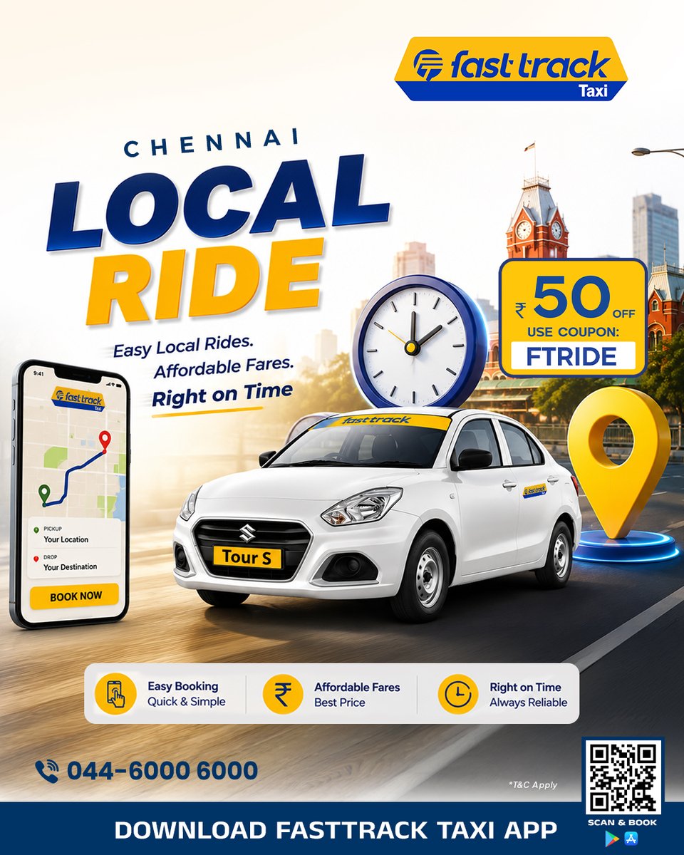 TaxiFastTrack's tweet photo. 📍 Going Local in Chennai? Ride Fasttrack! 🚕💨
No hassle. No complicated booking. Easy booking✨

🎉 First Ride Offer: ₹50 OFF &amp; FTRIDE

📲 Download Fasttrack Taxi App &amp; Book Now
📞 044-6000 6000 
#LocalRide #FasttrackTaxi #ChennaiLocal #AffordableTaxi #CabBooking https://t.co/yj5j7x0w8d