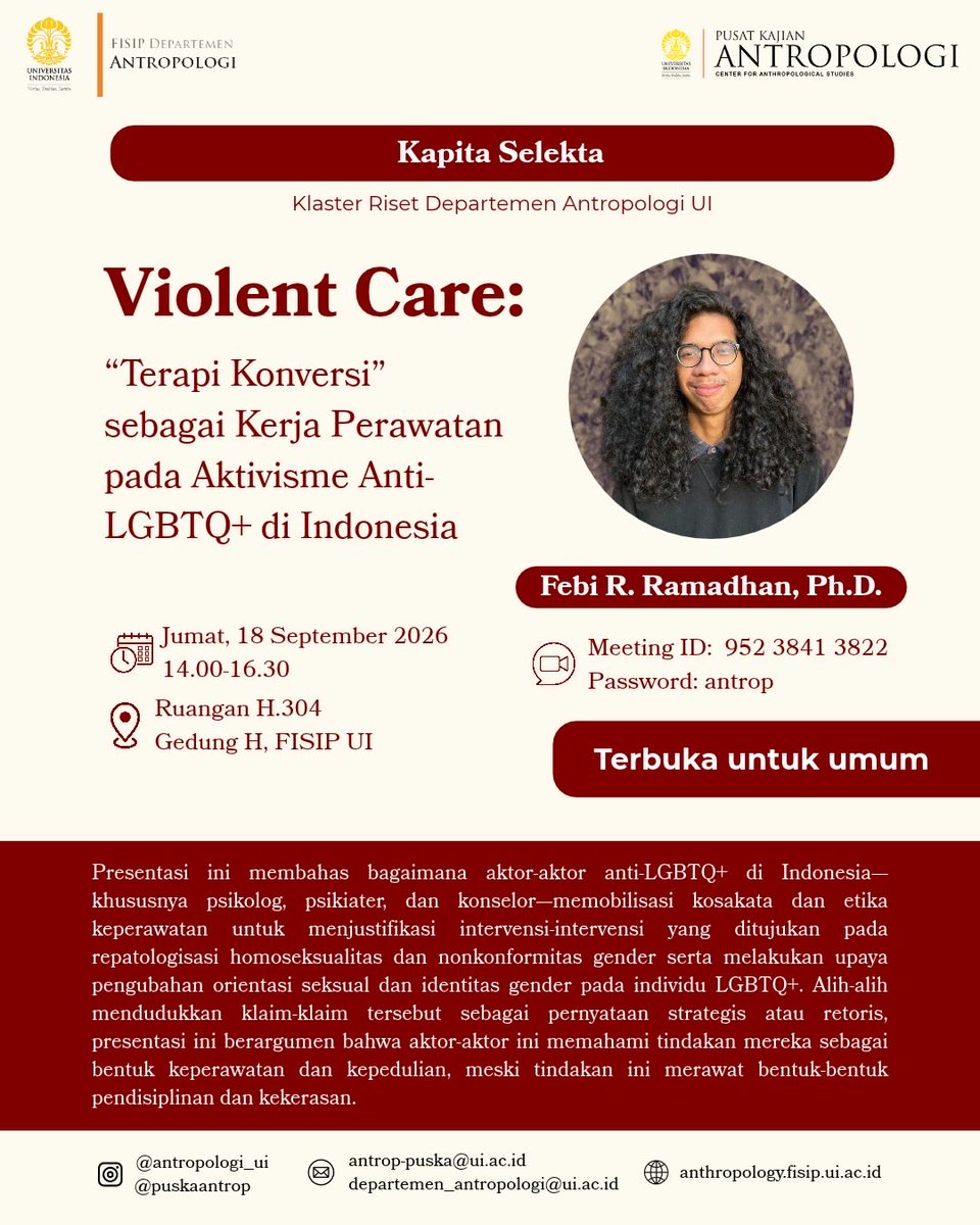 queerimpasse's tweet photo. Halo teman-teman di wilayah UI Depok &amp; sekitarnya, aku akan presentasi soal “terapi konversi”/pengubahan SOGIE &amp; gerakan anti-LGBTQ+ di Kapita Selekta Departemen Antropologi UI hari Jumat ini ya!! 

Kegiatannya terbuka untuk umum, jadi silakan dateng bagi yg tertarik!! 💜💚 https://t.co/6kRY7HzP6t