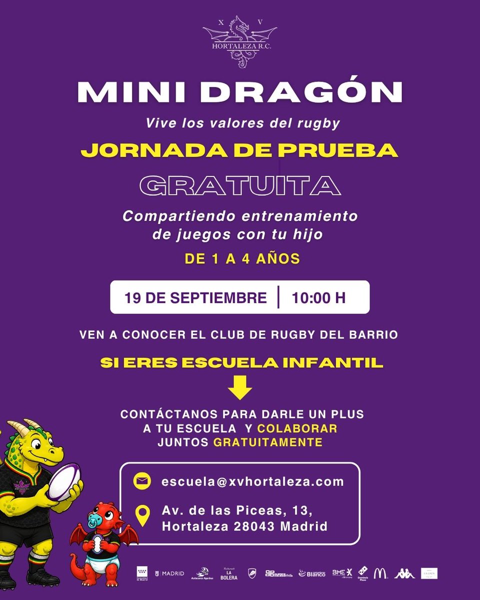 xvhortaleza's tweet photo. ¡Llega MINI DRAGÓN a XV Hortaleza R.C.!

Una jornada pensada para que los más pequeños, de 1 a 4 años, descubran el rugby,
Y si eres una escuela infantil, queremos conocerte! Contacta escuela@xvhortaleza.com

#XVHortaleza #MiniDragon #RugbyMadrid #RugbyInfantil #Hortaleza https://t.co/ymVQ2FX3XW