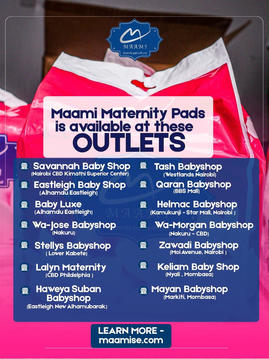 MaamiDiapers's tweet photo. Maami Maternity Pads are now available at selected baby shops and maternity outlets across Nairobi, Nakuru and Mombasa.
๐ Find your nearest outlet and shop Maami Maternity Pads today.
#maamimaternitypads #maternitypadskenya #postpartumcare #newmumcare #postpartumessentials https://t.co/NLDcOMwY1J