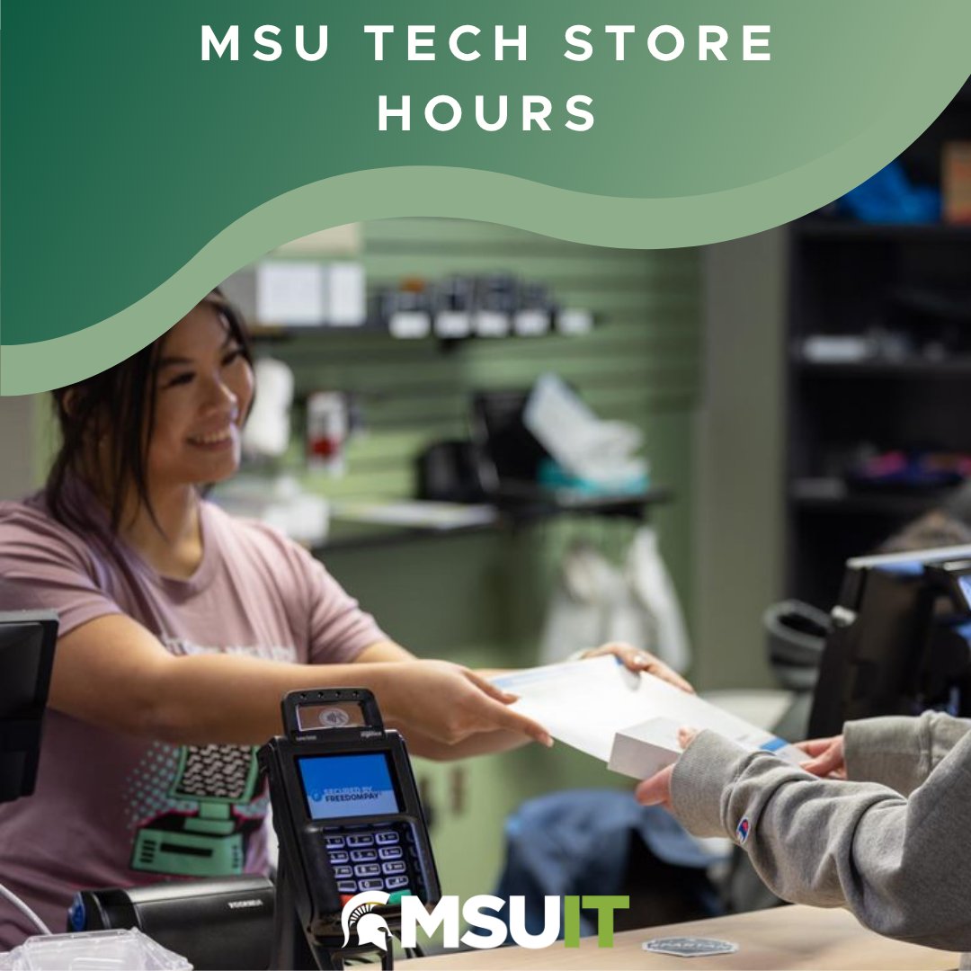 TechAtMSU's tweet photo. The MSU Tech Store is open Monday - Friday, 8 a.m. - 5 p.m. to help with all your hardware, software, and accessory needs. Find them on the 1st floor of the Computer Center building. They also feature a walk-up Tech Bar to help answer questions. Visit https://t.co/DOatpza3yt. https://t.co/CI98wU9p2h