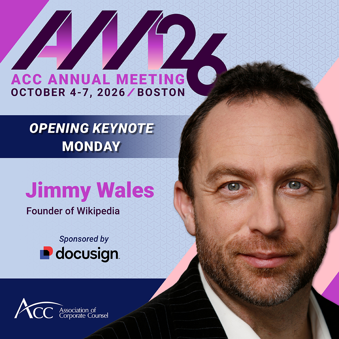ACCinhouse's tweet photo. We’re excited to welcome @jimmy_wales to the #ACCAM26 stage. From open-source culture to battling misinformation, Jimmy's journey is a masterclass for today's in-house legal professional. Don't wait to register, rates increase soon  ➡️ https://t.co/RxlR14dtWj https://t.co/eHpZoJo7ae