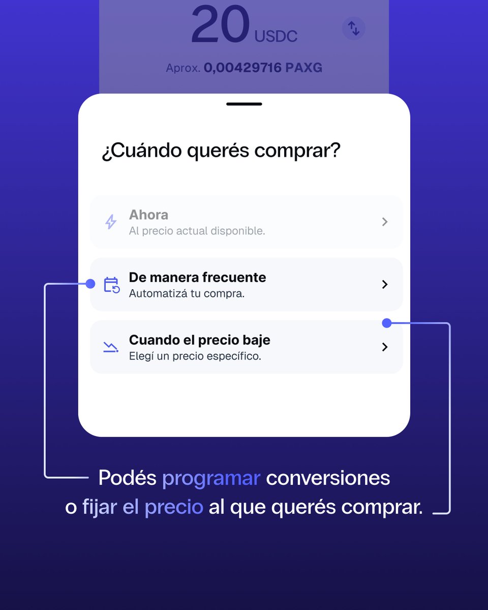 BitsoArg's tweet photo. Oro digital. Respaldado 1:1 por oro físico 🏅 

Con Tether Gold y PAX Gold, tu plata se convierte en oro digital que sigue el precio real del oro, minuto a minuto. Comprás ahora, programás compras frecuentes para que pasen solas cada semana, o fijás el precio al que querés entrar.

Vos elegís cómo. Bitso hace que pase 😎 

Descubrí de lo que tu plata es capaz