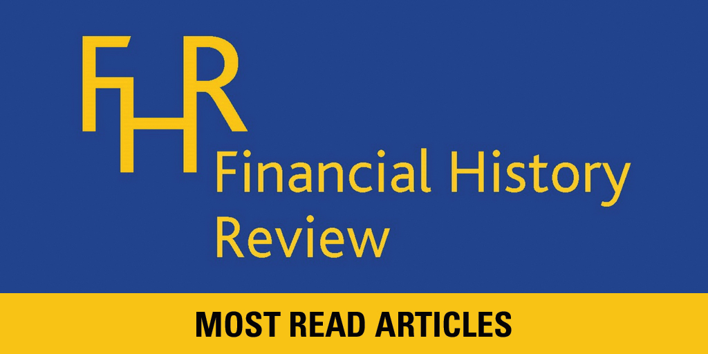Blue background with yellow text reading "FHR Financial History Review." Below, a yellow band with black text says "Most Read Articles."