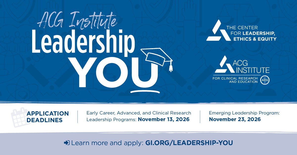AmCollegeGastro's tweet photo. The application portal for all 4 ACG Institute #LeadershipYOU programs is open!
#GIfellows, early-career physicians, clinician-researchers, and established GI physicians—there's a leadership program for YOU.
Apply by Nov. 13 (Nov. 23 for ELP):
➡️ https://t.co/Tghcd7ZDz2 https://t.co/9kbLLWsoGe