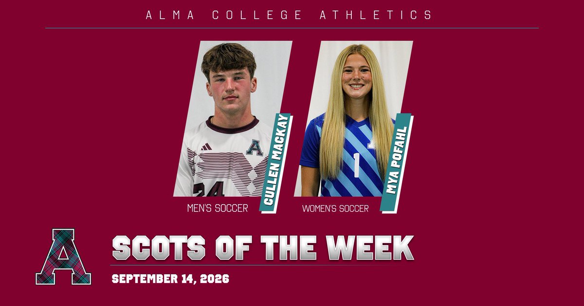 AlmaScots's tweet photo. ⚽️ Scots Of The Week ⚽️

Congratulations to @AlmaScotsMSOC’s Cullen MacKay &amp; @AlmaScotsWSOC’s Mya Pofahl on being named Scots of the Week!

#GoScots 🏴󠁧󠁢󠁳󠁣󠁴󠁿 https://t.co/238DvSrbvY