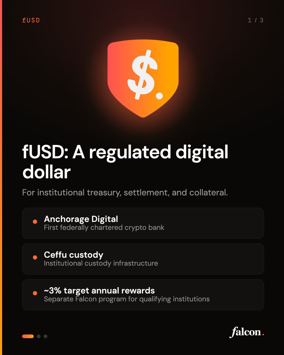 falconfinance's tweet photo. Since Falcon Finance launched, we’ve kept building and shipping, giving users more ways to put their assets to work.

Here’s how our product suite has expanded just this year:

→ fUSD: A regulated digital dollar for institutional treasury, settlement, and collateral use. Issued by @Anchorage Digital, the first federally chartered crypto bank, and supported by @CeffuGlobal’s custody infrastructure, fUSD gives qualifying institutions access to a separate Falcon rewards program targeting approximately 3% annually.

Details here: https://t.co/x3v7qHi035

→ RWA issuance in El Salvador: Our regulated tokenization pipeline starts with financing GPU delivery. The first asset, a tokenized GPU forward, is still being structured, with @near_ai as the anchor buyer of the compute those GPUs will produce. It is designed for secondary trading and could later qualify as collateral to mint USDf once sufficient trading volume and market depth are established.

Find out more: https://t.co/yMc3IcvCyZ

→ Falcon Card: A way to turn USDf, our overcollateralized synthetic dollar, into everyday spending. Eligible, verified users in 90+ supported jurisdictions can fund their card with USDf, converted to USD at 1:1, and pay online or in-store. No annual subscription fee.

How to get your card: https://t.co/iw6Hm4YIGj

From USDf and yield to institutional dollars, everyday payments, and tokenization, we’re steadily expanding what Falcon can do.