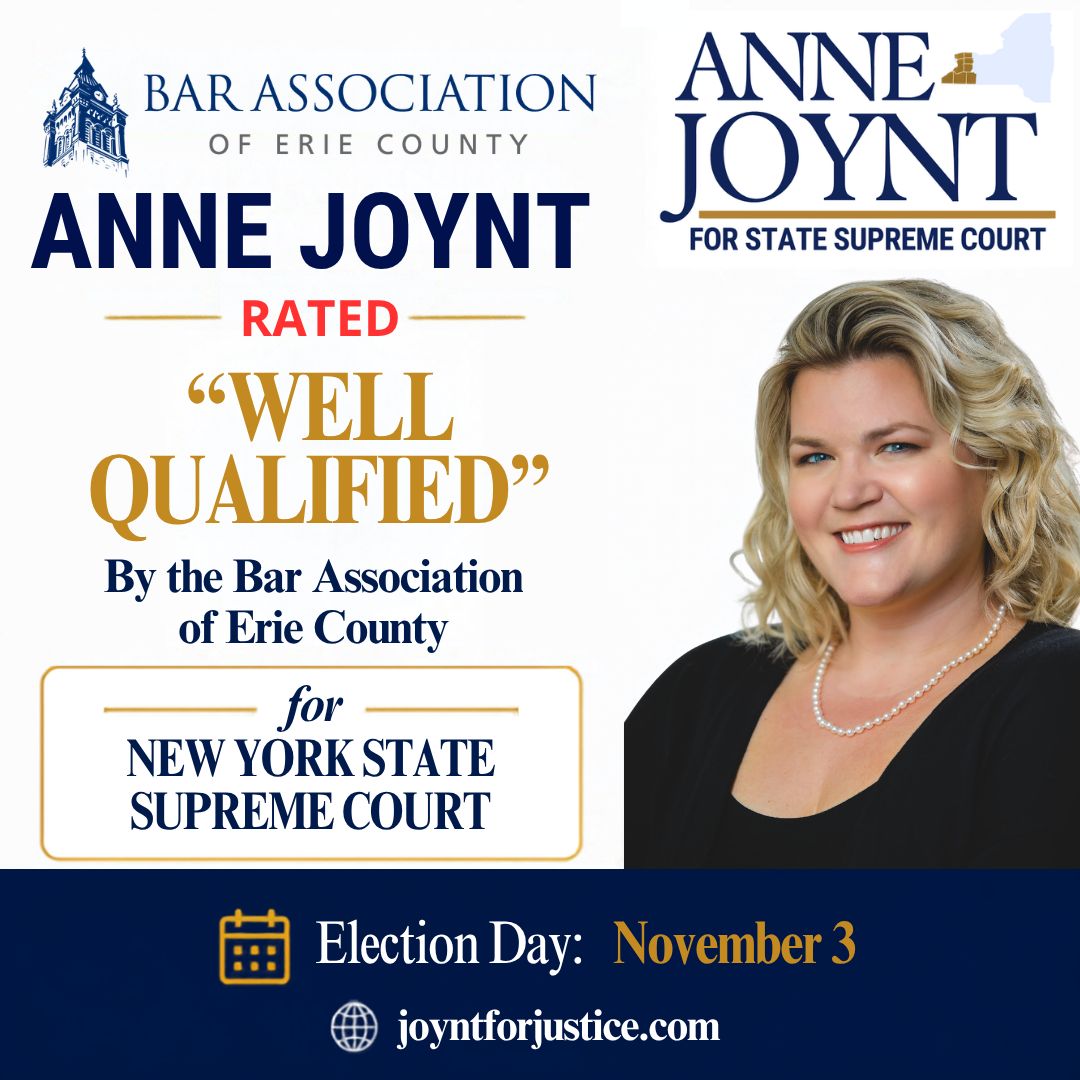 JoyntforJustice's tweet photo. Anne Joynt is honored to be rated “Well Qualified” by the Bar Association of Erie County for New York State Supreme Court.

Thank you to the Bar Association for its thoughtful and comprehensive judicial evaluation process.

Election Day is November 3.

#JoyntForJustice https://t.co/qAvgvSihCF