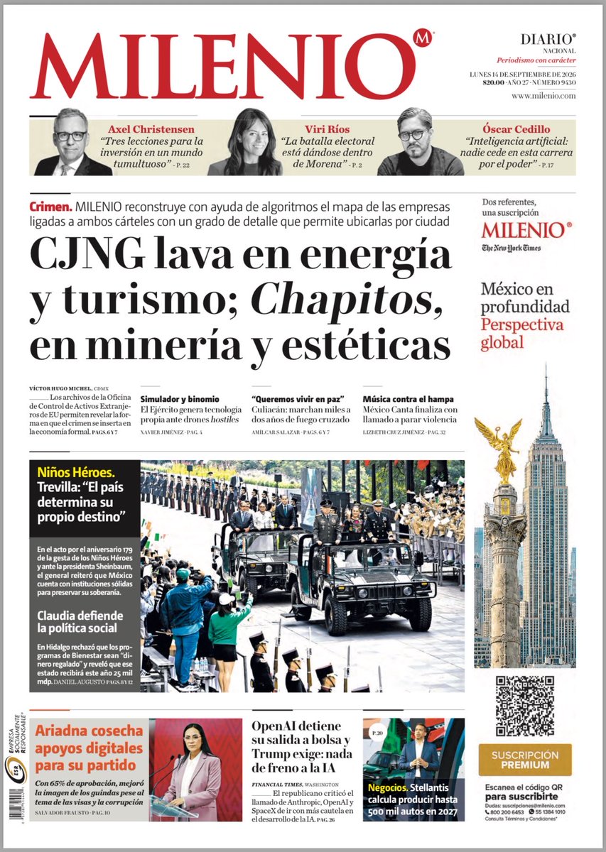 LuisCardenasMx's tweet photo. 📰 EL NARCO LAVA, LOS PARTIDOS SIMULAN Y SINALOA EXIGE PAZ: LAS PORTADAS

Los diarios nacionales abren este lunes 14 de septiembre con un país marcado por la violencia, la informalidad y la disputa política:

🔴 Milenio revela una red de empresas ligadas al crimen: el CJNG lavaría dinero en energía y turismo, mientras Los Chapitos operarían en minería y estéticas.

🗳️ El Universal señala que Morena, PAN y PRI buscan burlar las leyes electorales al promover aspirantes para 2027 bajo la figura de “defensores”.

💸 Reforma advierte que el empleo informal golpea la recaudación del ISR y reporta una caída del turismo en playas mexicanas.

⚪ Culiacán vuelve a las calles: miles de sinaloenses exigen paz tras dos años de violencia.

🤖 La Jornada destaca el rechazo de Donald Trump a frenar el desarrollo de la inteligencia artificial.