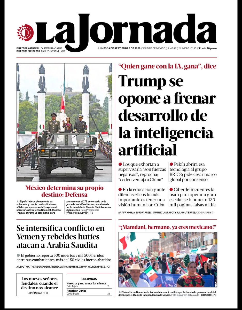 LuisCardenasMx's tweet photo. 📰 EL NARCO LAVA, LOS PARTIDOS SIMULAN Y SINALOA EXIGE PAZ: LAS PORTADAS

Los diarios nacionales abren este lunes 14 de septiembre con un país marcado por la violencia, la informalidad y la disputa política:

🔴 Milenio revela una red de empresas ligadas al crimen: el CJNG lavaría dinero en energía y turismo, mientras Los Chapitos operarían en minería y estéticas.

🗳️ El Universal señala que Morena, PAN y PRI buscan burlar las leyes electorales al promover aspirantes para 2027 bajo la figura de “defensores”.

💸 Reforma advierte que el empleo informal golpea la recaudación del ISR y reporta una caída del turismo en playas mexicanas.

⚪ Culiacán vuelve a las calles: miles de sinaloenses exigen paz tras dos años de violencia.

🤖 La Jornada destaca el rechazo de Donald Trump a frenar el desarrollo de la inteligencia artificial.