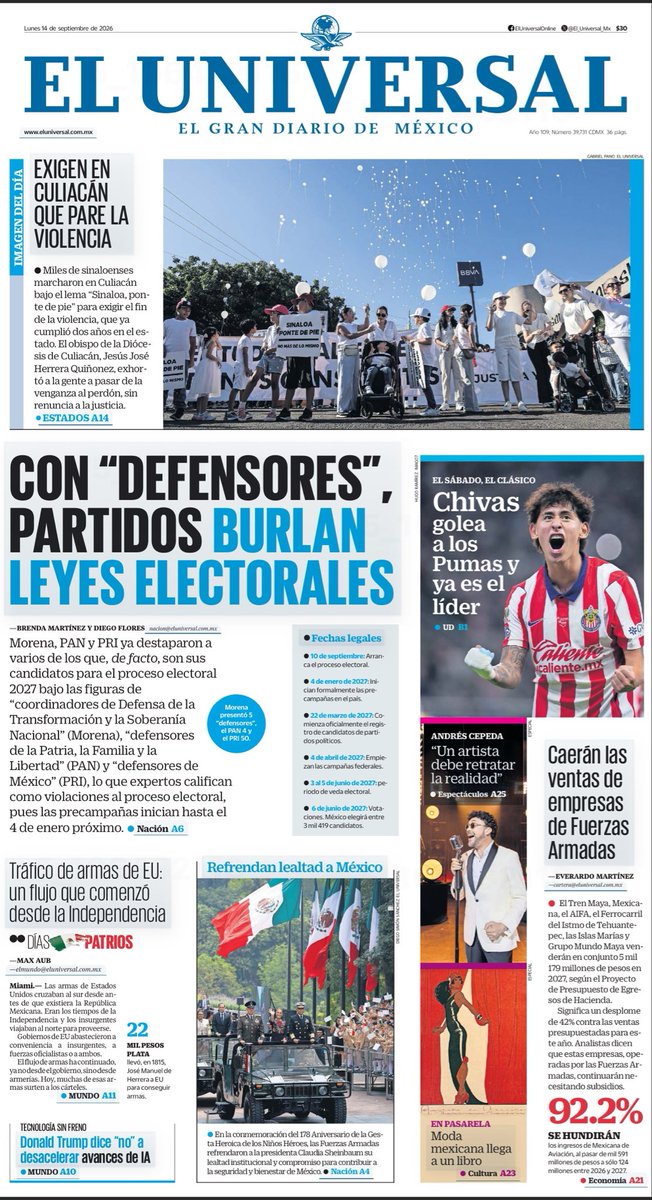 LuisCardenasMx's tweet photo. 📰 EL NARCO LAVA, LOS PARTIDOS SIMULAN Y SINALOA EXIGE PAZ: LAS PORTADAS

Los diarios nacionales abren este lunes 14 de septiembre con un país marcado por la violencia, la informalidad y la disputa política:

🔴 Milenio revela una red de empresas ligadas al crimen: el CJNG lavaría dinero en energía y turismo, mientras Los Chapitos operarían en minería y estéticas.

🗳️ El Universal señala que Morena, PAN y PRI buscan burlar las leyes electorales al promover aspirantes para 2027 bajo la figura de “defensores”.

💸 Reforma advierte que el empleo informal golpea la recaudación del ISR y reporta una caída del turismo en playas mexicanas.

⚪ Culiacán vuelve a las calles: miles de sinaloenses exigen paz tras dos años de violencia.

🤖 La Jornada destaca el rechazo de Donald Trump a frenar el desarrollo de la inteligencia artificial.