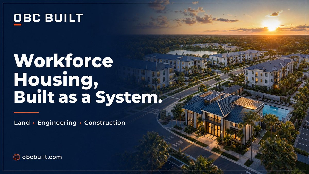 OBCBuilt's tweet photo. Workforce housing, built as a system.

Land development, civil engineering &amp; construction aligned in Florida.

https://t.co/mr3p5qGuS7
Eng. Reg. 39732 | GC Lic. CGC 1520090
#WorkforceHousing https://t.co/Uf77ZPmHBE