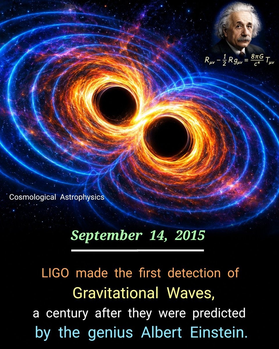 CosmoAstrophy's tweet photo. On September 14, 2015, #LIGO made the first detection of #GravitationalWaves, a century after they were predicted. The Laser Interferometer Gravitational-Wave Observatory confirmed #AlbertEinstein’s conjecture in his #GeneralTheoryofRelativity (1915) on its 100th anniversary. https://t.co/HZzXODI8Z4