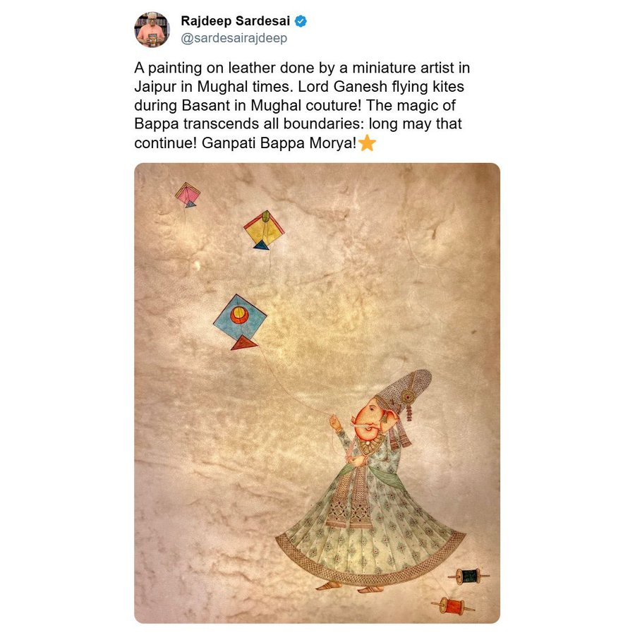 TrueIndology's tweet photo. Rajdeep @sardesairajdeep , you are absolutely shameless.

This dress is distinctly Hindu and distinctly Rajasthani, it has nothing to do with "Mughal couture".

This is Hindu Angarakha which predates Islam by 1000 years. 

1. Jama Silhouette

The Mughal jama wraps asymmetrically, one side crossing over and tying to the other. Ganesha's garment is symmetrically full-skirted with no side fastening visible at all. That puts it in angarakha territory, which is older than the jama tradition entirely. Even within the jama, Muslims tied right, Rajputs tied left. This garment does neither.

2. The Hem

The distinctively Mughal-looking hem (chakdar, with 4-6 pointed edges) was likely borrowed from Rajput courts in the first place. The hem here is smooth and circular, a pure ghera, which is pre-Mughal angarakha all the way.

3. Headgear

Mughal turbans ran tall and conical, heavily Persianate, with Akbar explicitly copying the Safavid upright-plume style. What Ganesha wears is low, rounded, and flat-profiled with jewel ornamentation, which is Rajput pagri. Worth noting: even the Mughal turban style was partially borrowed from Rajput practice to begin with.

4. The Shoulder Drape

The odhni draped over the shoulder is a Rajput convention documented consistently across Rajput court paintings. The Mughal equivalent was the patka, a horizontal waist sash, sometimes doubled. These serve completely different functions and sit on entirely different parts of the body. What's in this painting is unambiguously Rajasthani and unambiguously Hindu.