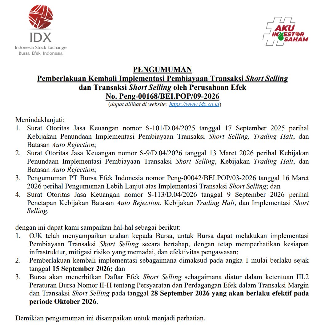 writingtorch's tweet photo. BREAKING: SHORT SELLING RESMI AKAN DIAKTIFKAN LAGI DI BURSA 📢

BEI umumkan pemberlakuan kembali implementasi Pembiayaan Transaksi Short Selling dan Transaksi Short Selling oleh Perusahaan Efek.

OJK mengarahkan bursa untuk mengimplementasikan Pembiayaan Transaksi Short Selling secara bertahap, dengan tetap memperhatikan kesiapan infrastruktur, mitigasi risiko, dan efektivitas pengawasan.

Pemberlakuan kembali resmi berlaku sejak 15 September 2026. BEI juga akan menerbitkan Daftar Efek Short Selling (sesuai ketentuan III.2 Peraturan Bursa No. II-H) pada 28 September 2026, yang efektif berlaku di periode Oktober 2026.

Jadi meski aturan sudah aktif per 15 September, daftar saham yang bisa di-short baru jelas di akhir bulan ini.

#RangkumKeterbukaanInformasi