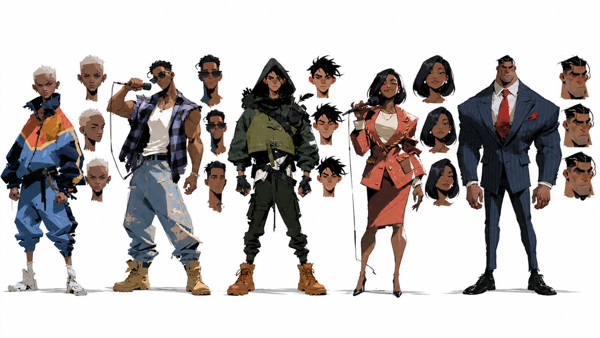 GT47__'s tweet photo. i spent the past few weeks working out a repeatable workflow for consistent character sheets that don't drift in animation...

perfecting one ai character is the first hurdle. getting the rest of the cast to match is the real pain point

here are some results from for an upcoming project...

reply “CHARACTER” + RT and i’ll send you the full character sheet prompting guide (must be following so i can dm)