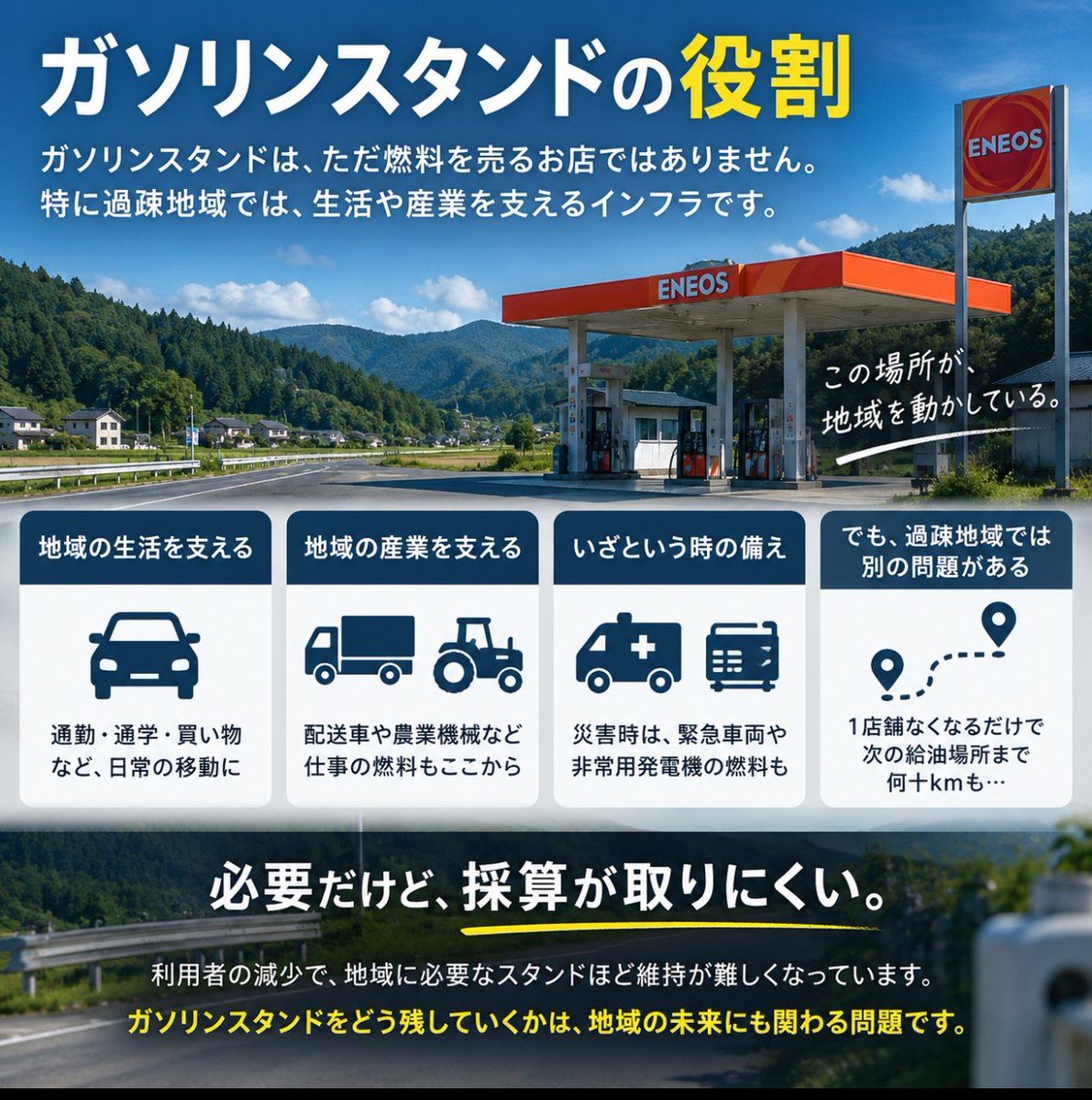 SAKAEDirector's tweet photo. 【ガソリンスタンドの役割】

全国的にガソリンスタンドは減少しています。

都市部なら、1店舗なくなっても別の店舗を選べる。

でも、過疎地域ではそうはいかない。

今日、都市部から離れた地域を走る機会があり、実際にガソリンスタンドを探しながら走ってみました。

高速の乗り口手前でようやく1店舗見つけましたが、そこもかなり前に閉店した様子。

ガソリンスタンドが無くなって困るのは、
自家用車だけではありません。

配送車、農業機械、福祉車両など、
地域の生活や仕事にも燃料は必要です。

一方で、人口が減れば給油量も減り、
店舗を維持することは難しくなる。

「地域には必要たが、経営として維持するのは難しい」

地域によってガソリンスタンドは、
小売店としての役割だけではなく、
生活と産業を支えるインフラでもあります。