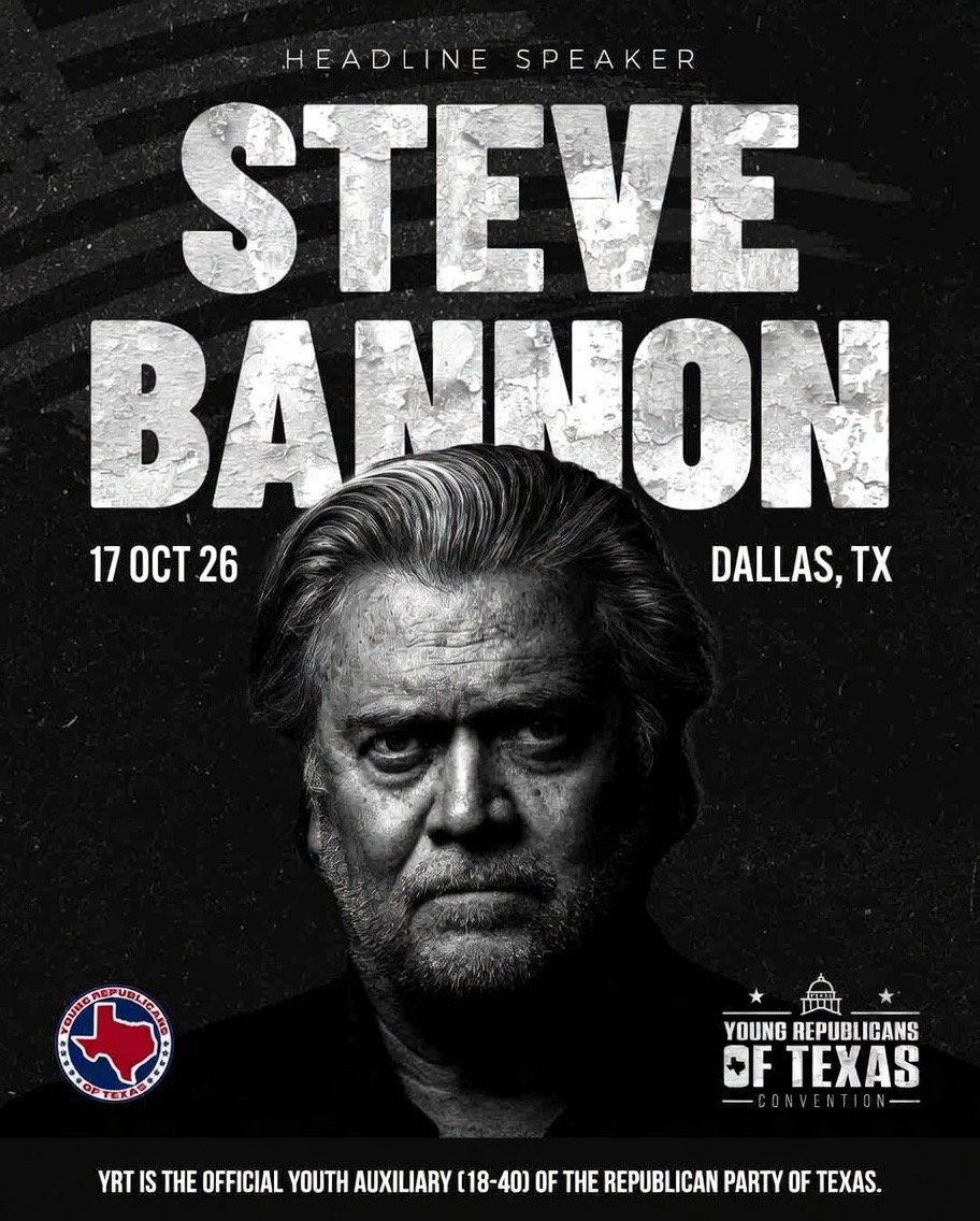 YRsOfTexas's tweet photo. This is the final week of early bird pricing for our annual Young Republicans of Texas Convention!

October 17th in Dallas, hear from Steve Bannon, @bofrench, @mayes_middleton, and more at the most innovative Republican convention of the year. Tickets below ⬇️ https://t.co/fKzfKV8MM9