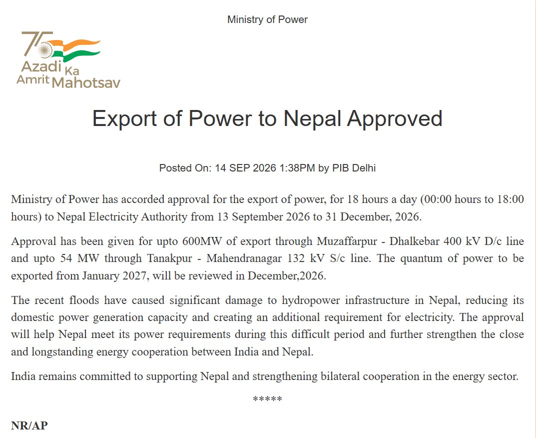 MattooShashank's tweet photo. Breaking: India will export power to Nepal for 18 hours every single day until 31 December 2026 after Nepal floods damaged the country's power generation capacity https://t.co/sy48eHKAQ9