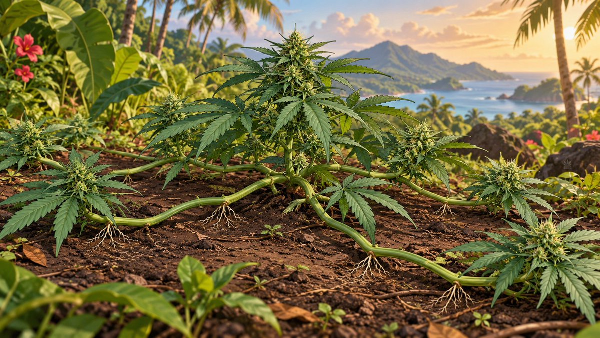 MaisonNLB's tweet photo. 🌿 Creeper, le cannabis qui choisit de ramper

Certaines plantes cherchent la lumière en s’élevant.
Le cannabis Creeper, lui, semble parfois choisir un autre chemin: il s’étend près du sol et peut y déposer de nouvelles racines.

🌴 Une silhouette venue des tropiques
Le phénotype Creeper est principalement décrit chez de grands cannabis tropicaux cultivés dans des environnements chauds et humides en extérieur.
Leurs branches latérales inférieures s’allongent, s’alourdissent puis s’inclinent jusqu’à toucher le sol. Au lieu de former uniquement une silhouette verticale dominée par sa tige centrale, le plant occupe progressivement l’espace autour de lui.
Certains rameaux peuvent alors poursuivre leur croissance horizontalement, donnant au cannabis une allure presque rampante.
Il ne s’agit pourtant pas d’une véritable plante grimpante: le cannabis ne produit ni vrilles ni organes lui permettant de s’accrocher à un support.

🧬 Une mutation encore mystérieuse
Dans l’univers de la culture, cette singularité est souvent présentée comme la “mutation Creeper“.
La prudence reste toutefois essentielle: aucune publication scientifique n’a encore identifié le gène responsable, démontré sa transmission ou établi une lignée Creeper génétiquement stable.
Il est donc plus précis de parler d’un phénotype rampant rare. Celui-ci pourrait résulter d’une rencontre entre la génétique du plant, son architecture tropicale, le poids de ses longues branches et un environnement particulièrement humide.
L’affirmation selon laquelle la plante consacrerait « toute son énergie » aux branches basses plutôt qu’à la tête centrale n’est, elle non plus, étayée par aucune mesure scientifique publiée.

🌱 Lorsque la branche devient racine
Lorsque certaines parties d’une tige restent en contact avec un substrat humide, elles peuvent produire des racines adventives, des racines qui apparaissent sur un organe qui n’était pas initialement une racine.
Cette capacité est bien documentée chez le cannabis, notamment lors de la multiplication par bouturage.
Chez un plant rampant, un rameau couché au sol pourrait ainsi développer de nouveaux points d’enracinement. Mais le phénomène dépend de l’humidité, de l’oxygénation, du génotype et de l’état de la branche: il n’est donc ni automatique ni garanti.

🪴 L’anecdote: le marcottage sans jardinier
Depuis des siècles, les jardiniers pratiquent le marcottage: ils courbent une branche, en enterrent une partie et attendent qu’elle produise ses propres racines avant de la séparer de la plante mère.
Lorsqu’un cannabis Creeper s’incline, touche une terre humide puis s’y enracine, il semble reproduire spontanément ce geste horticole.
Comme si, durant un instant, la plante devenait son propre jardinier.

🍃 Une curiosité plus qu’une promesse
Sa silhouette basse peut rendre le plant moins visible au milieu d’une végétation tropicale, ce qui explique sa réputation de camouflage naturel.
Mais cette morphologie ne garantit ni davantage de fleurs, ni une meilleure qualité, ni une concentration supérieure en cannabinoïdes.
Son véritable intérêt se trouve ailleurs: dans sa rareté, sa capacité d’adaptation apparente et cette manière singulière d’effacer la frontière entre une branche et une nouvelle racine.

✨ L’élégance du vivant ne suit pas toujours une ligne droite
Une matière remarquable mérite d’être observée sans exagération.
Le Creeper n’est pas encore une mutation génétique parfaitement comprise. Il demeure un phénotype raconté par les cultivateurs, éclairé par la botanique, mais encore entouré de questions.
Et c’est peut-être là que réside son charme: dans cette plante qui, plutôt que de conquérir la hauteur, choisit silencieusement d’explorer la terre.