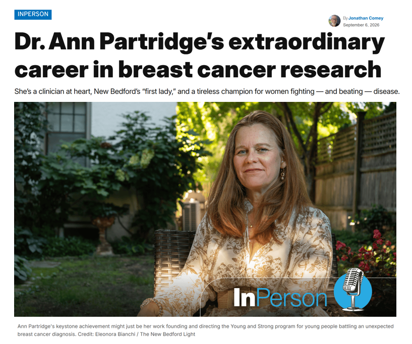 DFCI_BreastOnc's tweet photo. Check out this wonderful profile of Dr. Ann Partridge (@AnnPartridgeMD) in @NewBedfordLight, reflecting on her extraordinary career advancing #BreastCancer care and research, her commitment to young patients,  and life as New Bedford’s “first lady.” 
https://t.co/z9jJK0beNj https://t.co/QMgsYCNWQL