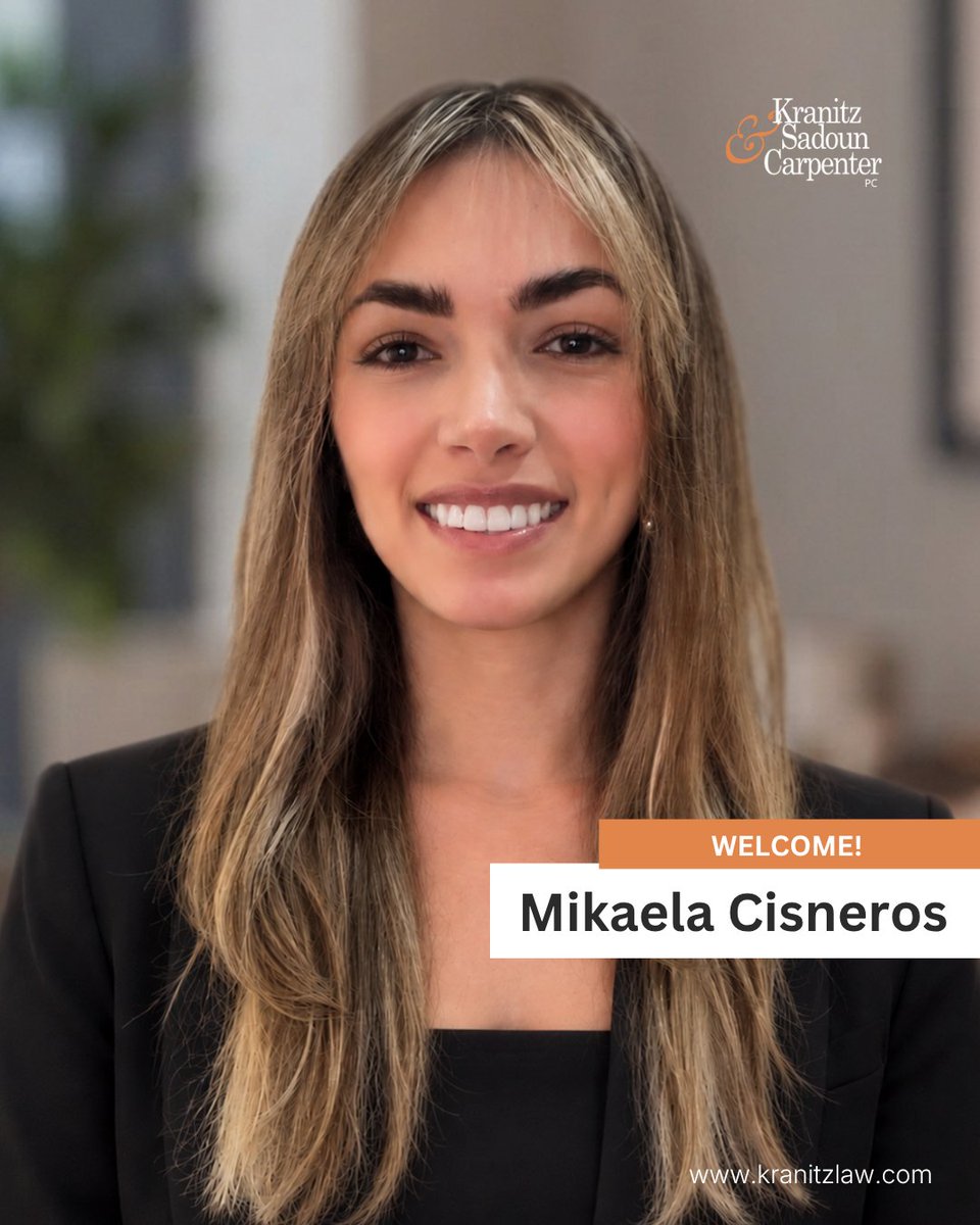 kranitzlaw's tweet photo. 🎉 Please join us in welcoming Mikaela Cisneros to the Kranitz, Sadoun &amp; Carpenter team!

Mikaela is an Ecuadorian attorney with experience in civil litigation, legal research, and corporate law. Fluent in English and Spanish, she joins KSC as a Non-Licensed Attorney. https://t.co/VeJKNkyngC