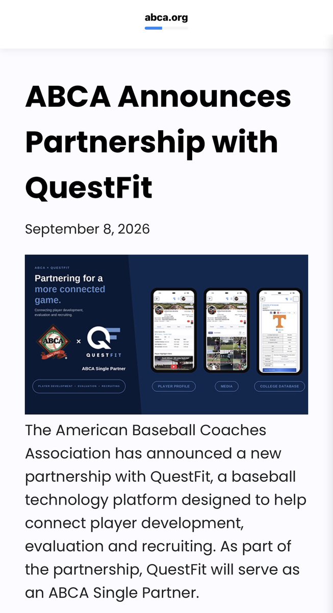 QFitBaseball's tweet photo. A big moment for QuestFit. ⚾

QuestFit is proud to officially partner with the American Baseball Coaches Association! Together, we’re focused on helping athletes, coaches, and programs better connect development, evaluation, and recruiting.

We’re excited to work alongside the ABCA and continue pushing the game forward. We’re just getting started.

Read the full announcement: https://t.co/HugBJLGGyj

#ABCA #BaseballRecruiting #PlayerDevelopment #CollegeBaseball #QuestFit