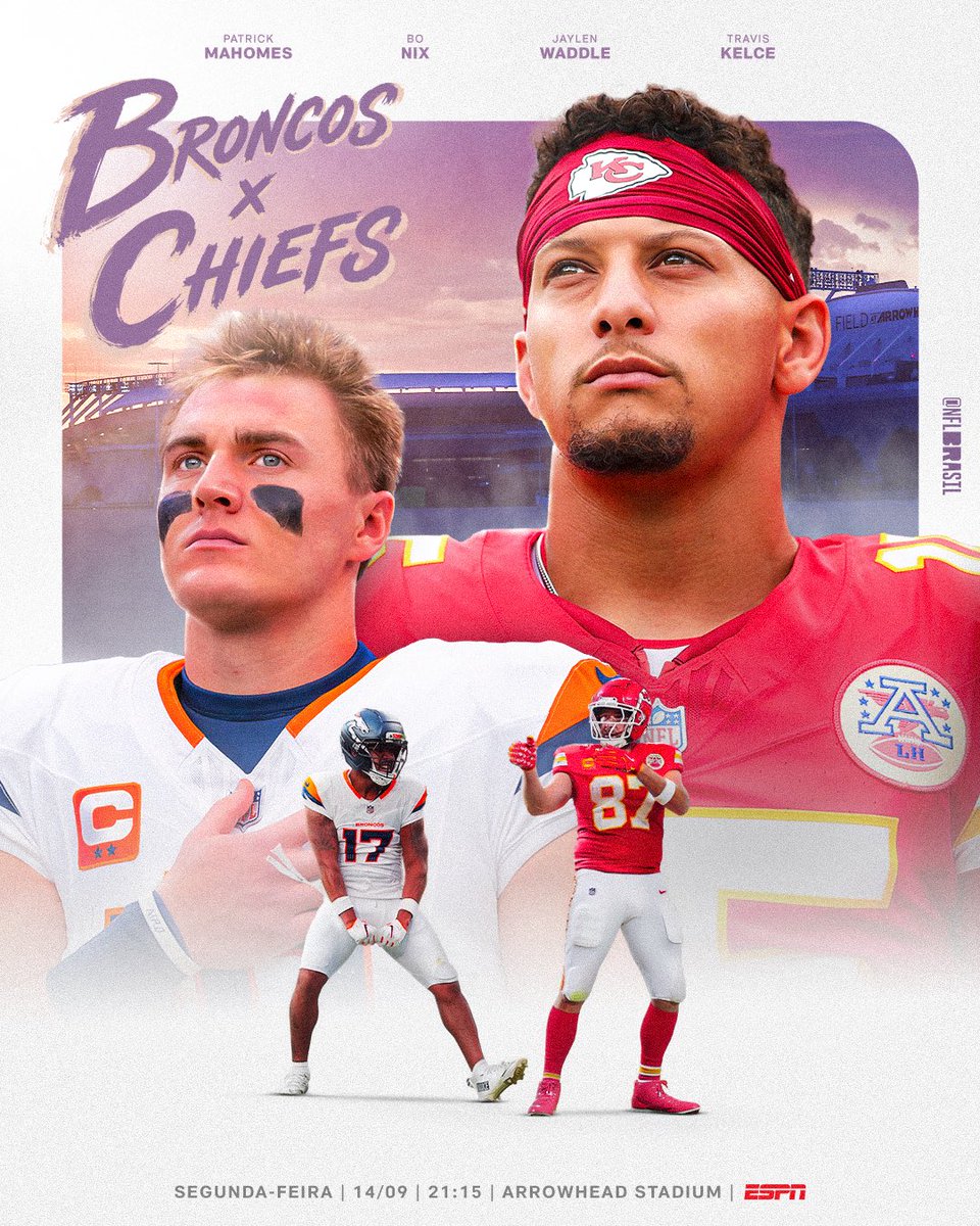 NFLBrasil's tweet photo. O PRIMEIRO MONDAY NIGHT FOOTBALL DA TEMPORADA! 🏈🔥

Patrick Mahomes e os Chiefs recebem Bo Nix e os Broncos no Arrowhead Stadium. Promessa de JOGAÇO na tela da @espnbrasil 👏 https://t.co/Y1DezThvT3