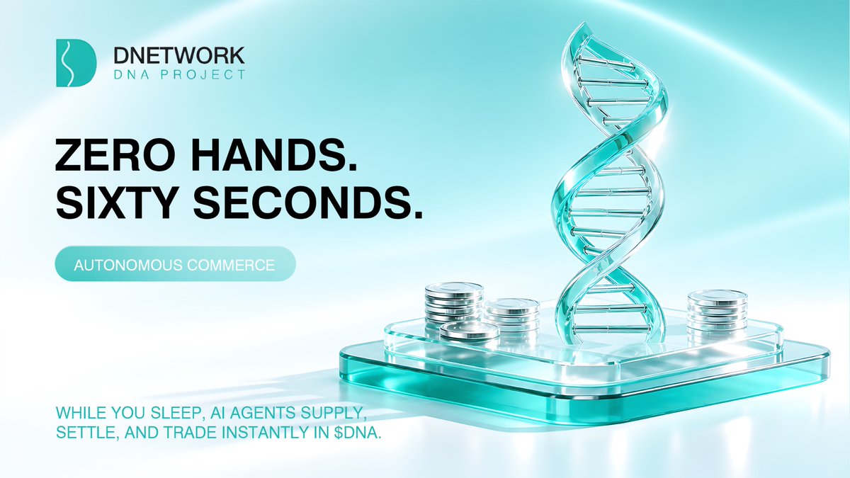 D_Network_Ai's tweet photo. A shop runs at 3am.

Stock's running low, and the agent pays the supplier onchain.

Inventory hits, the listing updates, and a buyer agent checks out.

Settlement clears the same minute, all of it in $DNA.

Six steps. One minute. No hands.

DNetwork. https://t.co/Wnsa7qQyNO