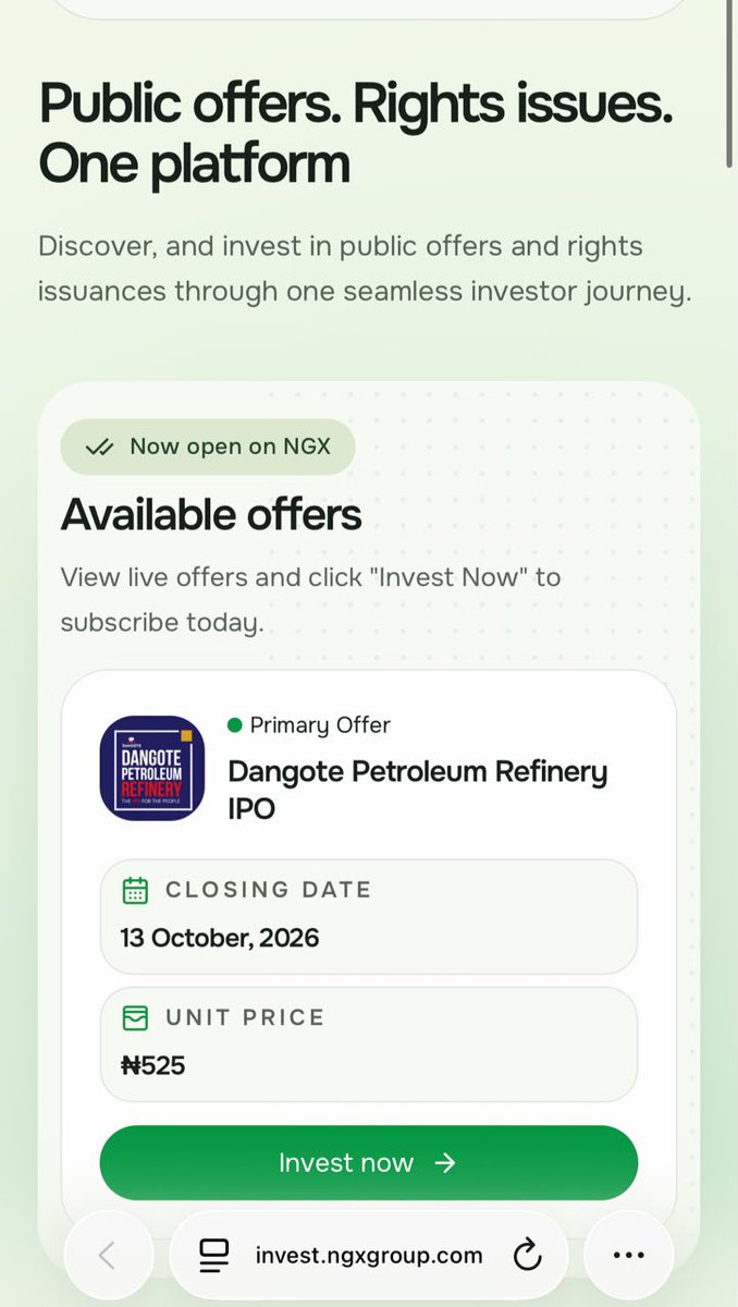 Tizbami's tweet photo. I wanted to understand the route from hearing about this Dangote IPO to actually submitting an application. That was where I started.
I’ve now submitted my subscription through NGX Invest.
@ngxgrp #DangoteIPOatNGX #NGXInvest
1/2 https://t.co/SlEaDyBGHp