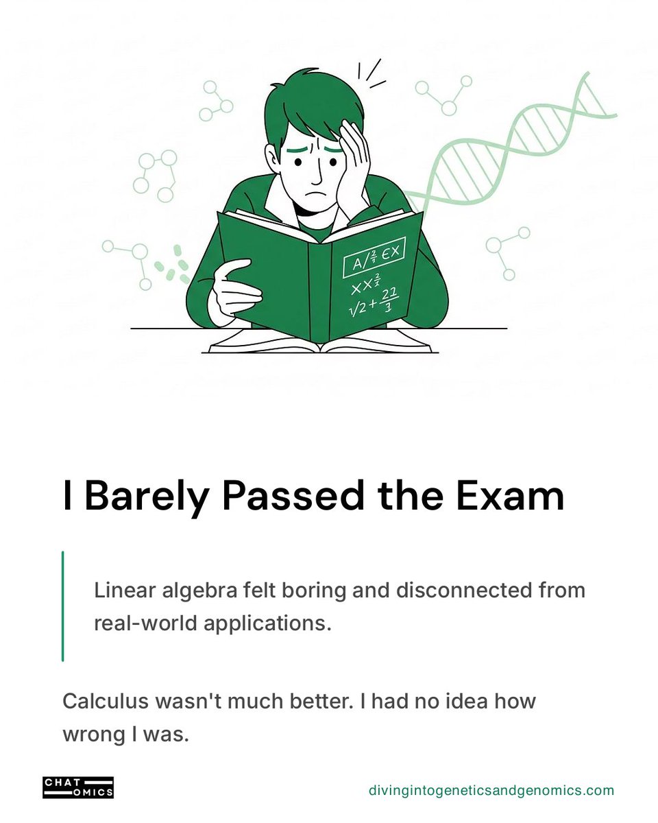 tangming2005's tweet photo. My biggest bioinformatics regret: barely passing linear algebra in college.

Every matrix, PCA, and single-cell method made me pay for it later. Here's what I wish I'd learned. https://t.co/yU55wA8XhH