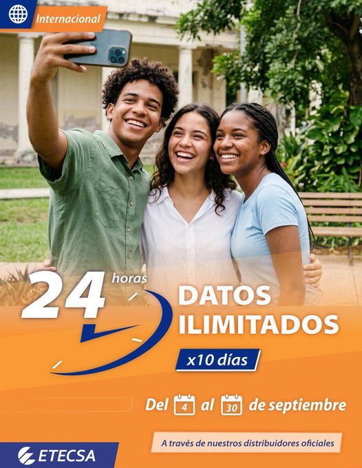 ReneTam97772837's tweet photo. ¡24 horas de conexión sin freno! Con la promo internacional,  obtén Datos Ilimitados por 10 días. Ideal para mantenerte siempre online. Disponible solo en distribuidores oficiales. Entérate aquí: https://t.co/w9ZGz7qx9v #EtecsaConCuba #Mayabeque #PromoInternacional https://t.co/T9vyBU0Jb8