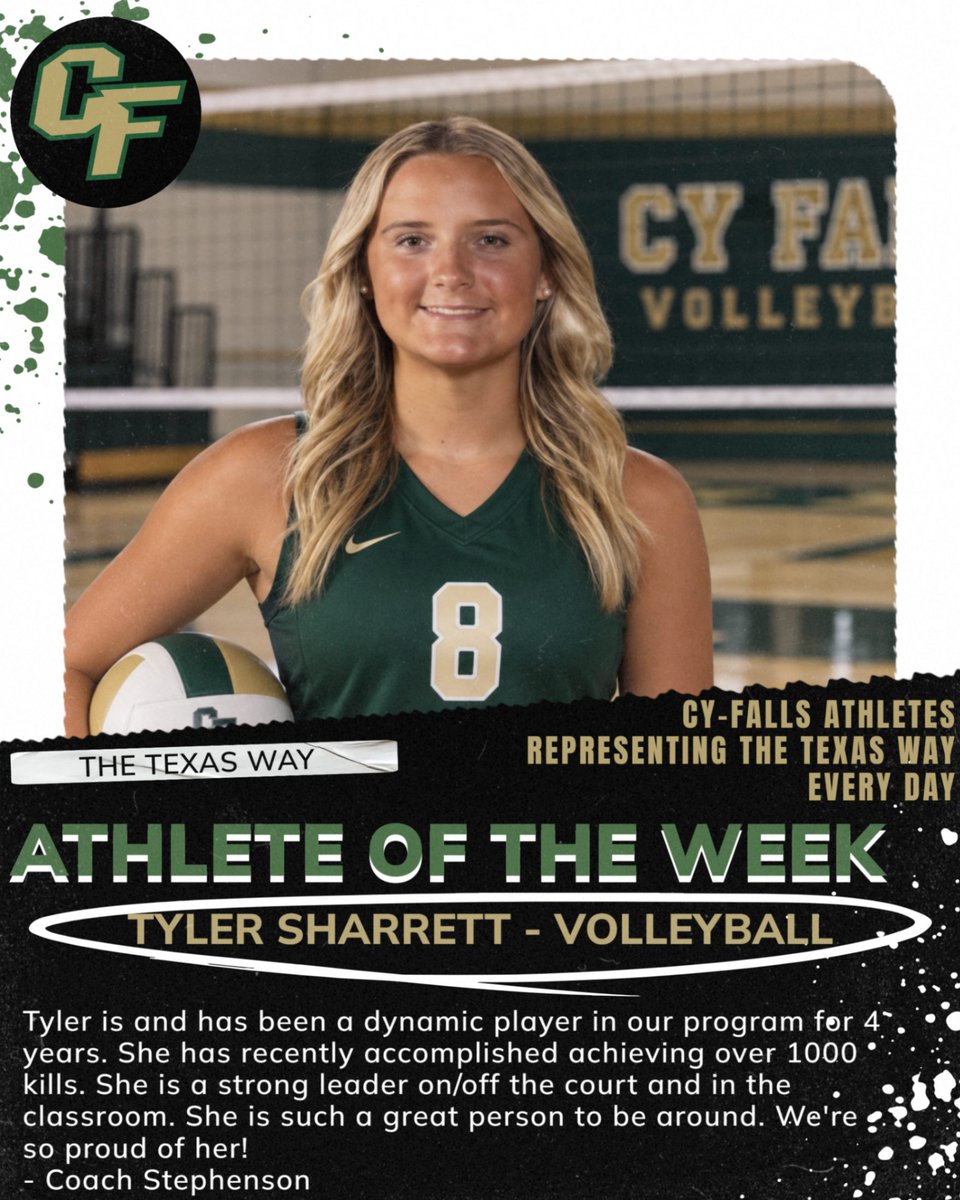CyFallsAth's tweet photo. Athlete of the Week | Tyler Sharrett β Volleyball
Tyler embodies #TheTexasWay! With 1,000 career kills, she brings competitive spirit, discipline, leadership, and respect to the court and classroom while always supporting those around her. #WeAreOne https://t.co/PdNyue1Z52
