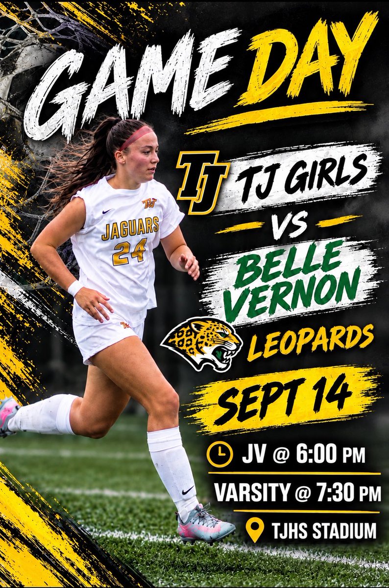TJSoccerBooster's tweet photo. TJ Girls host Belle Vernon tonight Sept 14 @ 6p JV / 7:30p Varisty ⚽️🐾
#WErTJ
#TJGirlsSoccer
@wjhsd
@TJHSJaguars
@PGVarsityXtra
@TribLiveHSSN
@MVI_Sports
@pghsoccernow
#WPIALSoccer https://t.co/03SFPl6KwY