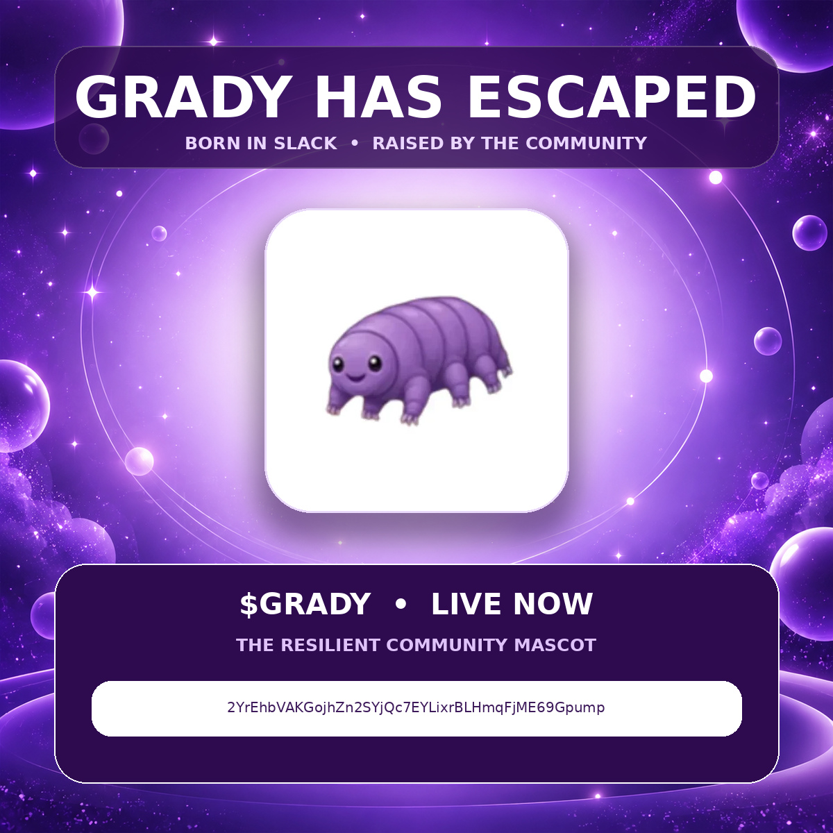 gradyonsol's tweet photo. GRADY HAS ESCAPED. 🟣

Born as a team mascot.
Rejected by design.
Adopted by Slack and Discord.
Too resilient to disappear.
Now the purple tardigrade belongs to everyone.
$GRADY
CA: 2YrEhbVAKGojhZn2SYjQc7EYLixrBLHmqFjME69Gpump https://t.co/mA1hgggDJu