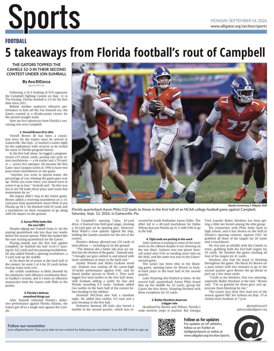 TheAlligator's tweet photo. 9/14 Sports front page. https://t.co/XFHDDFvwYm