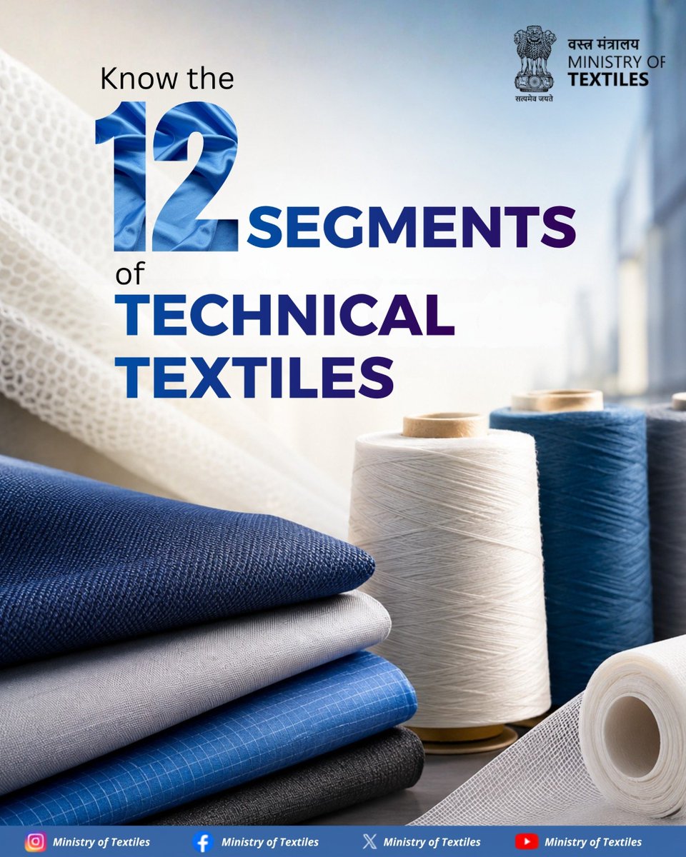 TexMinIndia's tweet photo. Technical Textiles are classified into 12 application-based segments, each serving different industries and societal needs.
Swipe to explore them.
#TechnicalTextiles #NTTM #textiles #technical #growth https://t.co/5qI83tMJCk
