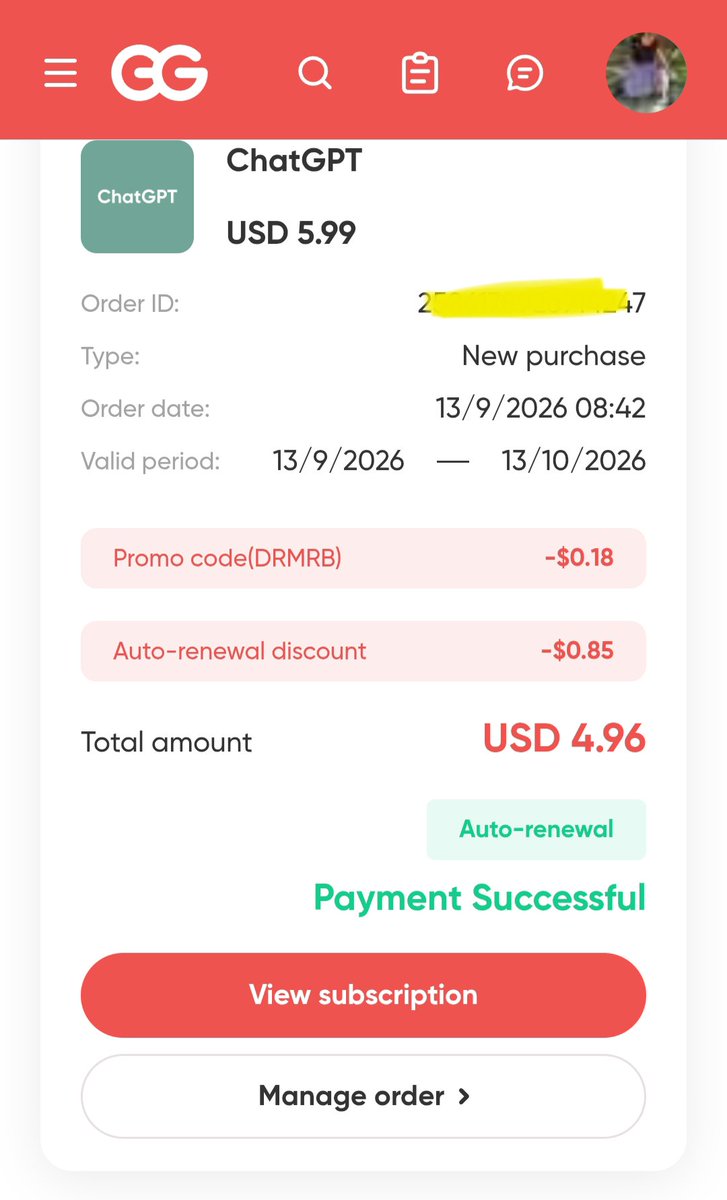 Gemalpha_88's tweet photo. I’ve been using ChatGPT for my creator work, especially for researching ideas, writing content, and refining drafts. It’s become a useful part of my everyday workflow.

I recently tried ChatGPT through @GamsGo_Global. The 1-month plan was listed at $5.99, and with the promo + auto-renewal discount, my final checkout came to $4.96.

Use code DRMRB for 3% off.

Purchase link in my first reply below 👇