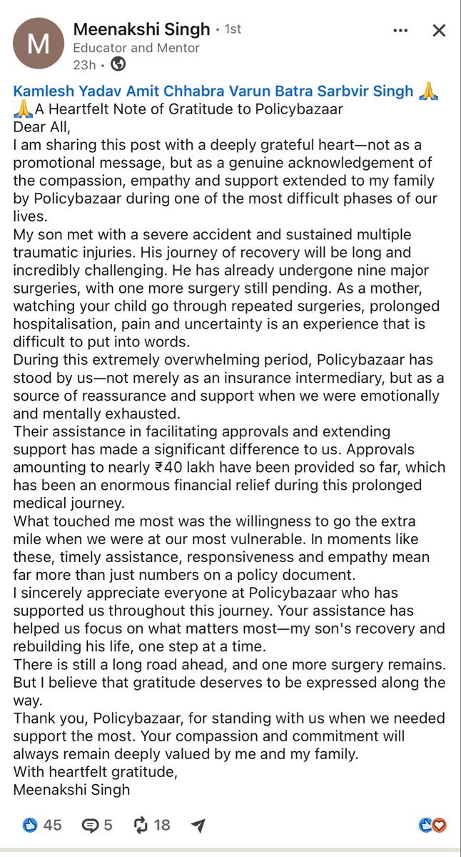 VarunPbClaims's tweet photo. When a family is going through one of the toughest phases of their life, the right support can make a real difference. ❤️

After a severe accident, a young child has already undergone 9 major surgeries, with one more still pending.

During this difficult journey, Policybazaar’s team supported the family through their health insurance claim process, with nearly ₹40 lakh in approvals so far.

The child’s mother has now shared her heartfelt appreciation for the support, responsiveness and guidance received throughout this challenging time.

For us, this is more than just a claim amount.
It’s about being there for a family when they need support the most.

Wishing the child a speedy and complete recovery. 🙏

#HealthInsurance #HealthInsuranceClaims #InsuranceAwareness #ClaimSupport #Policybazaar #HealthInsuranceIndia #InsuranceClaims