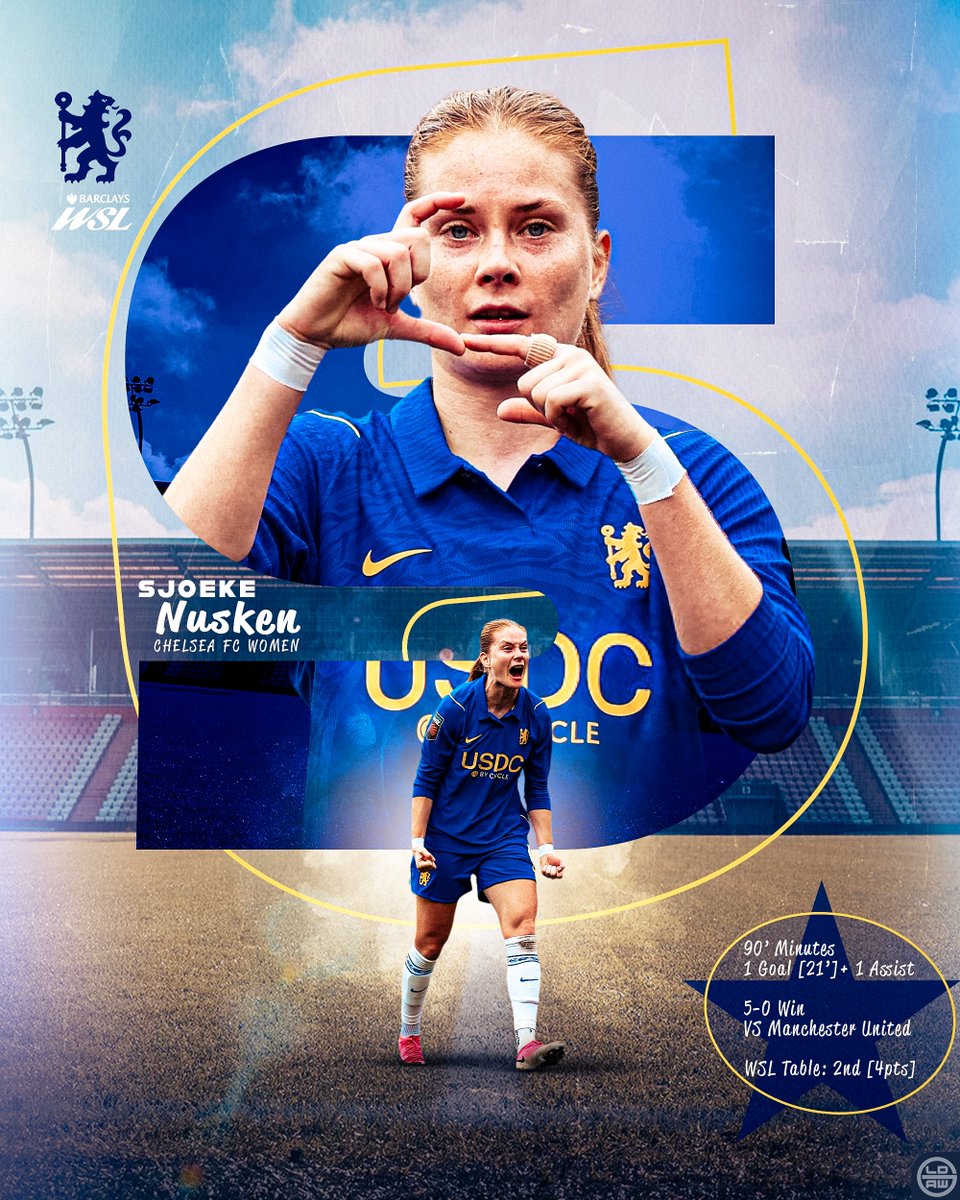 LDAWGraphics's tweet photo. :: A Goal and Assist for Sjoeke Nusken as Chelsea thrash Man Utd Away From Home in GW2 of the WSL ::

#CFC #CFCW #ChelseaFC #BarclaysWSL #smsports https://t.co/NiB9VR8LbG