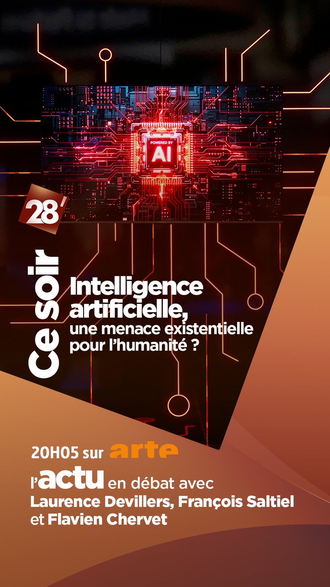 28minutes's tweet photo. 🤖 L’IA, bientôt la fin de l’humanité : coup marketing ou vraie menace ?

👉 @lau_devil, prof. en IA à Sorbonne Université
👉 @Flavien_Chervet, essayiste et prospectiviste en IA
👉 @fsaltiel, journaliste @franceculture, spé. du numérique

🔗https://t.co/OvAaS0hlyL https://t.co/oN5L3B3G4E